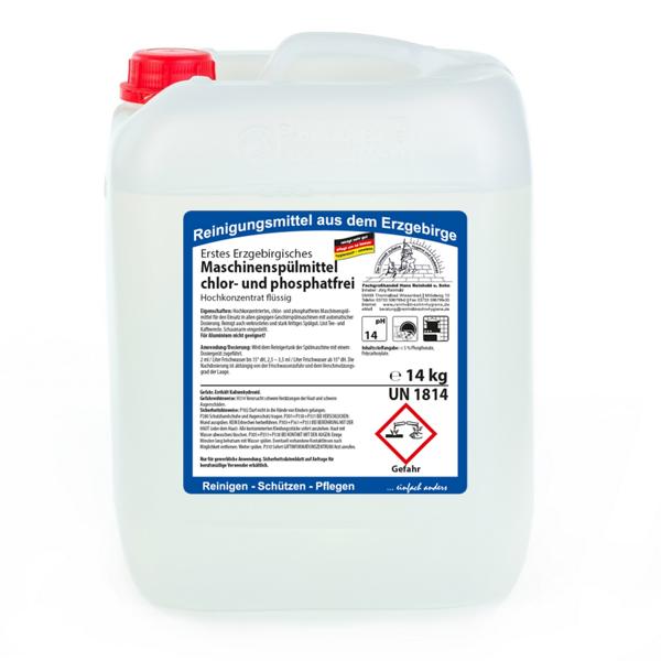 Image Erstes Erzgebirgisches Maschinenspülmittel chlor- und phosphatfrei | 14 kg Hochkonzentrat flüssig, mit großem Kanisterverschluss DIN 51 speziell für Miele-Maschinen