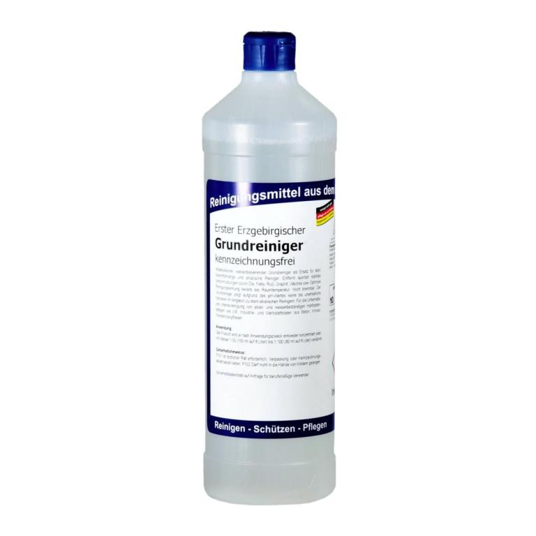 Image Erster Erzgebirgischer Grundreiniger kennzeichnungsfrei | 1 Liter Rundflasche Ersatz für stark lösemittelhaltige und alkalische Reiniger