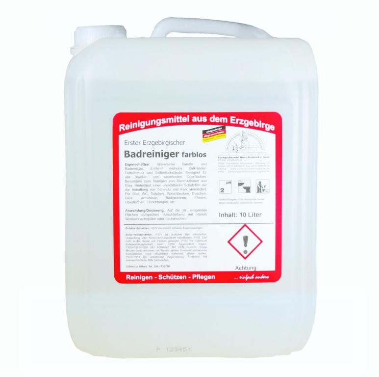 Image Erster Erzgebirgischer Badreiniger farblos | 10 Liter entfernt mühelos Kalk, Fett, Seife
