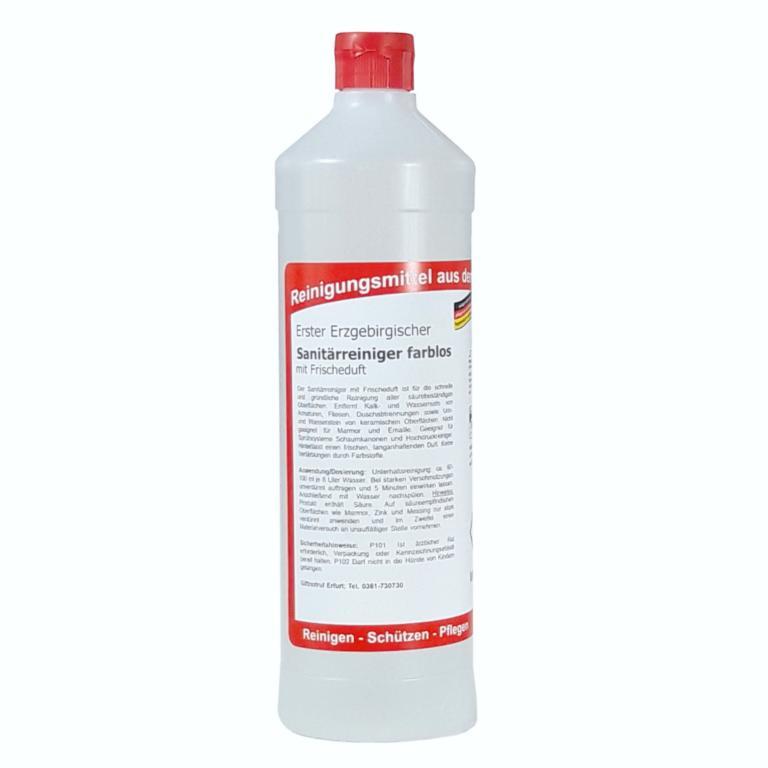Image Erster Erzgebirgischer Sanitärreiniger farblos | 1 Liter Rundflasche mit Frischeduft, kennzeichnungsfrei