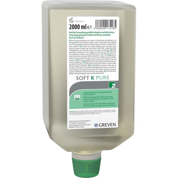Image GREVEN® Soft K pure | 2 Liter Varioflasche unparfümiert, bei leichten bis mittlerenVerschmutzungen, ideal für Haut und Haare, daher als Duschgel bestens geeignet, passende Spender (70481, 70412, 70414)