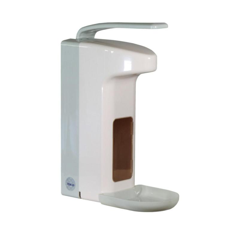 Image Armhebelspender für 1000-ml-Flaschen, Farbe weiß/graumit Auffangschale/Tropfschale, Gehäuse und Armhebel aus Kunststoff, geschlossenes System