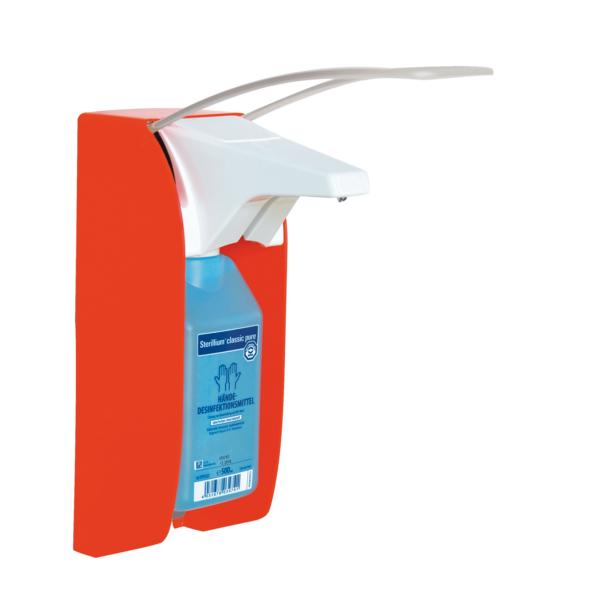 Image BODE Eurospender 1 plus signal rot für  350/500-ml-Flaschen, langer Armhebel (225 mm tief) | Metall zur Applikation von Hände-Desinfektion, Wasch- und Pflegelotion 