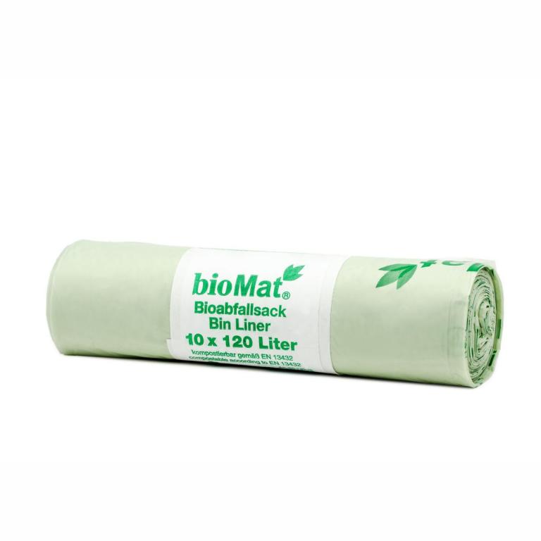 Image Müllsack  120 Liter, Bio-Müllsack hellgrün, 880 x 1300 mm | 10 Stück/Rolle kompostierbarer Bioabfallsack, Rolle mit Banderole, grüner Standardaufdruck