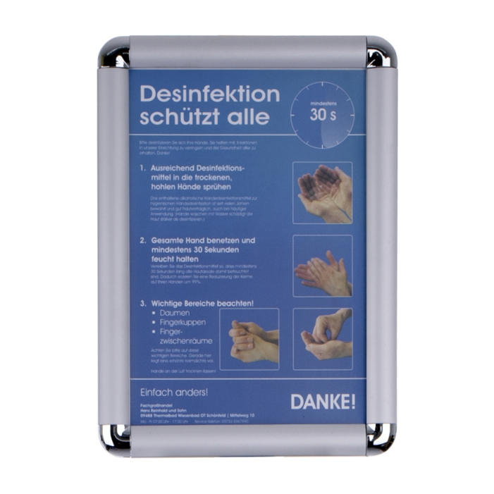 Image Klapprahmen CLASSIC DIN A4 | 25 mm Profil, mit Desinfektionsanleitung zur richtigen Händedesinfektion Ecken: RONDO (abgerundet), passend für Mobile Desinfektionsstation ||70486||