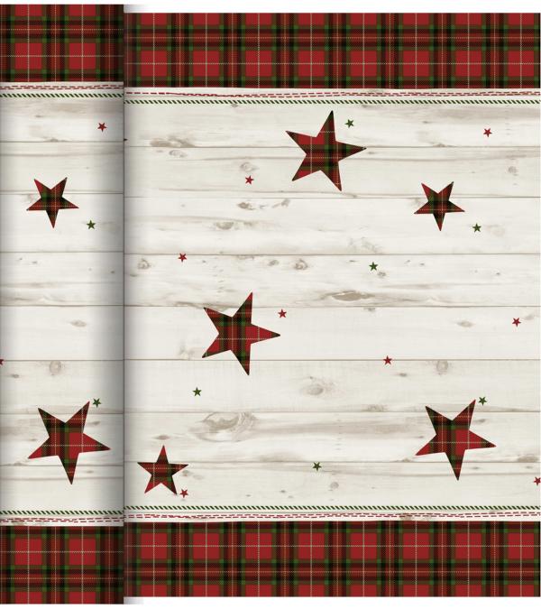 Image >>Artikel nicht mehr im Sortiment Dunicel Tischläufer 0,4 x 24 m | Tete-á-Tete Motiv Naturally Christmas Weihnachtsmotiv: Rand ist rot und grün kariert, Mittelteil Holzoptik mit Sternen