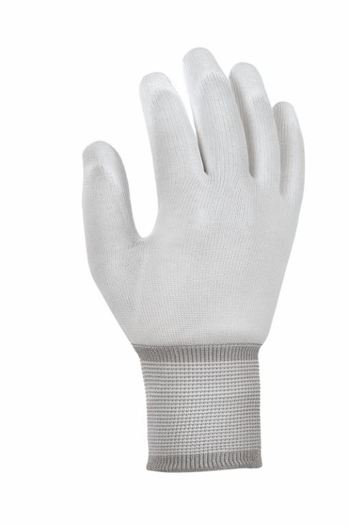 Image Polyester-Strickhandschuhe mit PU-Beschichtung, weiß | Größe M Finger und Innenhand mit Polyurethan-Beschichtung, Handrücken und Fingeroberseiten frei, Strickbund