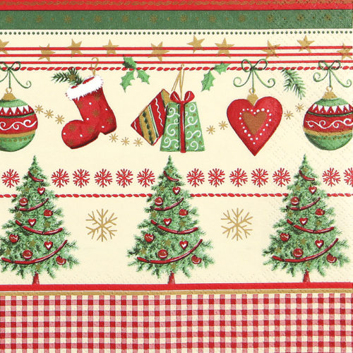 Image HOME FASHION Zelltuch-Servietten 33 x 33 cm, 3-lagig, 1/4 Falz, 20 Stück/Pack | mit Motiv Tradition Christmas Lunchserviette mit Weihnachtsmotiv Traditionelles Weihnachtsmotiv Weihnachtskugeln, Nikolausstiefel, Weihnachtsbaum, Tannenbaum, Geschenke