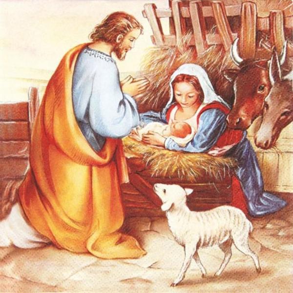 Image HOME FASHION Zelltuch-Servietten 33 x 33 cm, 3-lagig, 1/4 Falz, 20 Stück/Pack | mit Motiv "Jesus in born" Lunchserviette mit Weihnachtsmotiv Jesus Geburt inder Grippe