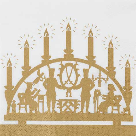 Image HOME FASHION Zelltuch-Servietten 33 x 33 cm, 3-lagig, 1/4 Falz, 20 Stück/Pack | mit Motiv "Goldener Schwibbogen" Lunchserviette mit Weihnachtsmotiv Goldener Schwibbogen als Scherenschnitt Ezgebirge Bergmann, Klöppelfrau, Schnitzer