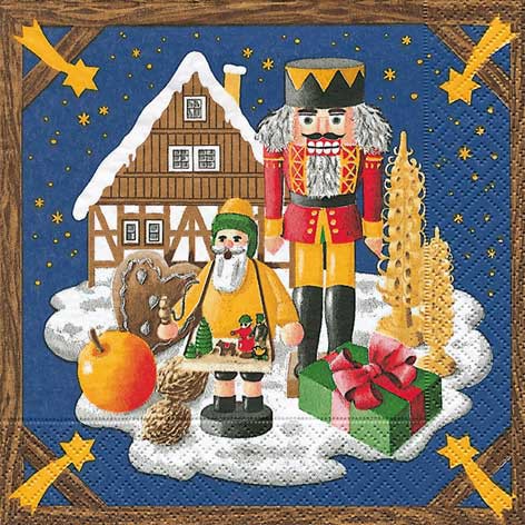 Image HOME FASHION Zelltuch-Servietten 33 x 33 cm, 3-lagig, 1/4 Falz, 20 Stück/Pack | mit Motiv "Weihnachtsland" Lunch Serviette mit Weihnachtsmotiv Räuchermann, Nussknacker, Lebkuchen, Haus, Erzgebirge