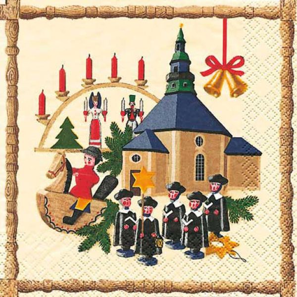 Image HOME FASHION Zelltuch-Servietten 33 x 33 cm, 3-lagig, 1/4 Falz, 20 Stück/Pack | mit Motiv "Seiffen" Lunch Serviette mit Weihnachtsmotiv der erzgebirgischen Volkskunst Kirche Seiffen und Kurrente, Erzgebirge