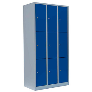 Image LÜLLMANN Schließfachschrank enzianblau, lichtgrau 520331, 9 Schließfächer 88,5 x 50,0 x 180,0 cm