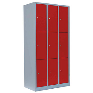 Image LÜLLMANN Schließfachschrank feuerrot, lichtgrau 520334, 9 Schließfächer 88,5 x 50,0 x 180,0 cm