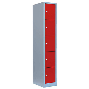 Image LÜLLMANN Schließfachschrank feuerrot, lichtgrau 520514, 5 Schließfächer 31,5 x 50,0 x 180,0 cm