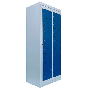 Image LÜLLMANN Schließfachschrank enzianblau, lichtgrau 526281, 16 Schließfächer 74,0 x 50,0 x 180,0 cm