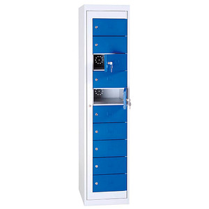 Image LÜLLMANN Schließfachschrank enzianblau, lichtgrau 526101, 10 Schließfächer 40,0 x 50,0 x 180,0 cm