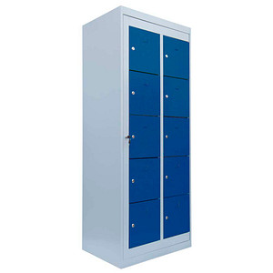 Image LÜLLMANN Schließfachschrank enzianblau, lichtgrau 526251, 10 Schließfächer 74,0 x 50,0 x 180,0 cm