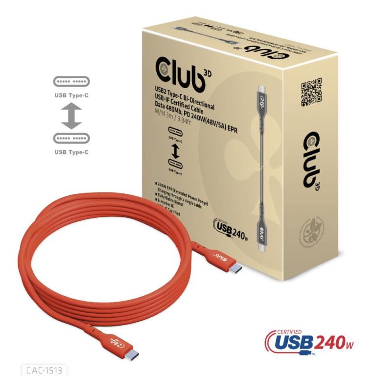 Image CLUB3D Kabel USB 2 Typ C  PD 240W / 480Mb 3m St/St retail