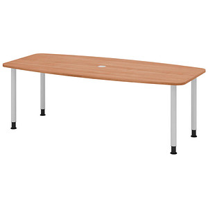 Image HAMMERBACHER Konferenztisch KT22C nussbaum Tonnenform, Rundrohr silber, 220,0 x 83,0 - 103,0 x 72,0 - 74,0 cm