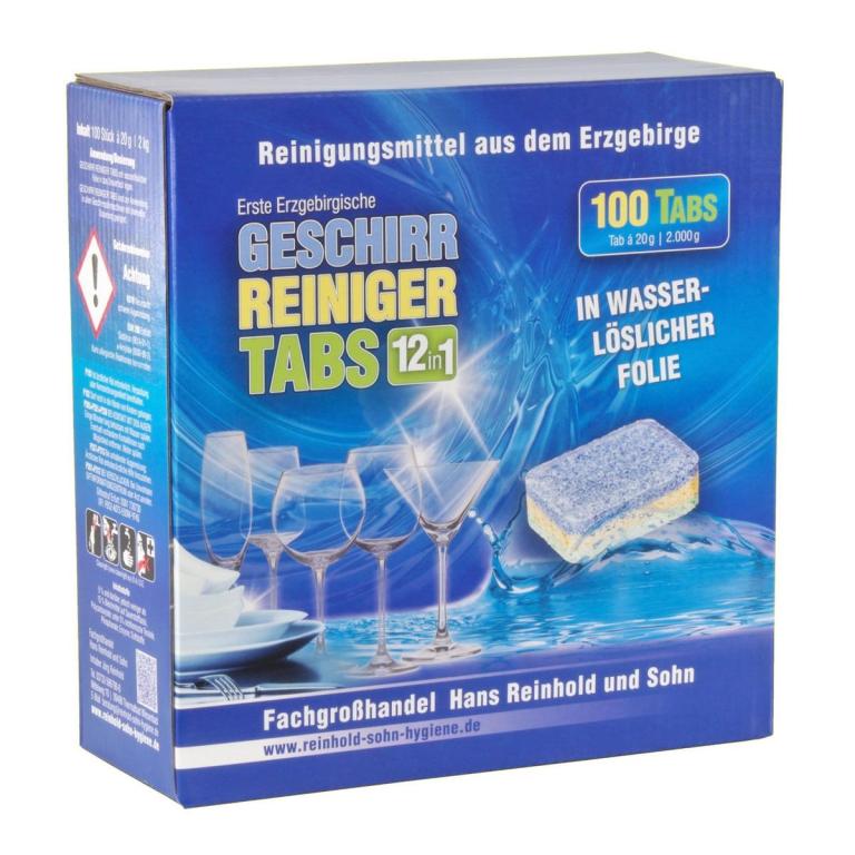 Image Erste Erzgebirgische Geschirr-Reiniger-Tabs 12 in 1 | 100 Tabs in wasserlöslicher Folie, für Geschirrspülmaschinen mit manueller Dosierung