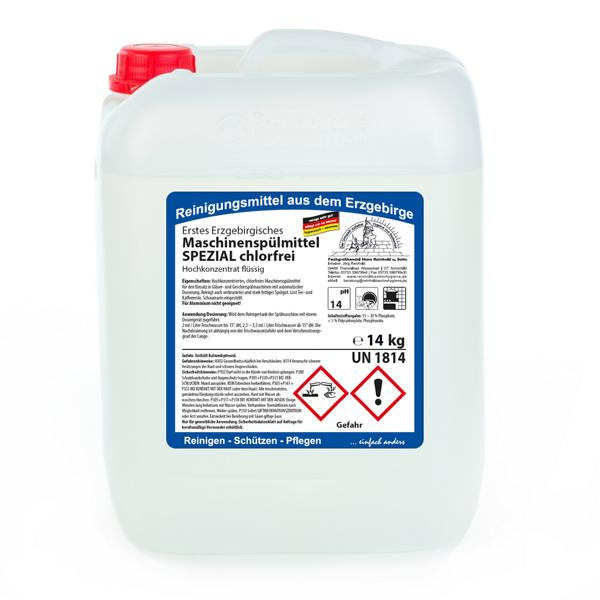 Image Erstes Erzgebirgisches Maschinenspülmittel SPEZIAL chlorfrei, Verschluss DIN 51 | 14 kg Hochkonzentrat flüssig, mit Phosphat, für Regionen mit einer Wasserhärte über 6°dH,