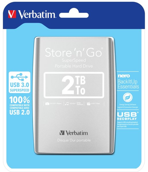 Image 2TB VERBATIM Hard Drive Store 'n' Go USB 3.0 Portable 2,5'' External Silver
