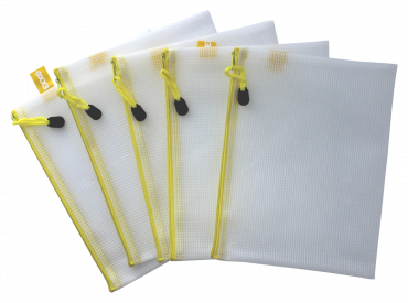 Image Kleinkrambeutel A5+ Mesh Bag Reißverschlussbeutel aus faserverstärktem EVA PVC-Frei mit gelbem Reißverschluss – 5 Stück