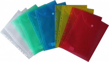 Image Dokumententaschen Prospekthüllen Sichttaschen A4 hoch transparent farbig sortiert - Dokumentenmappe zum Abheften mit EURO-Lochung, Abheftrand, Klappe und Klettverschluss - 10 Stück