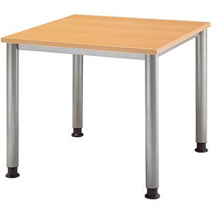 Image HAMMERBACHER HS08 höhenverstellbarer Schreibtisch buche quadratisch 4-Fuß-Gestell silber 80,0 x 80,0 cm
