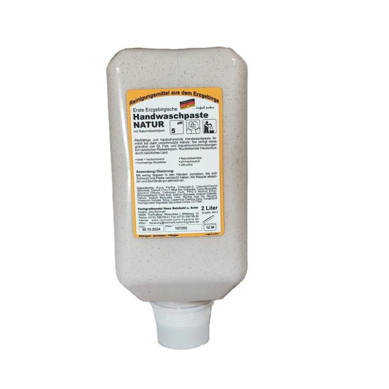 Image Erste Erzgebirgische Handwaschpaste NATUR |  2-Liter-Vario-Flasche mit Naturreibekörpern