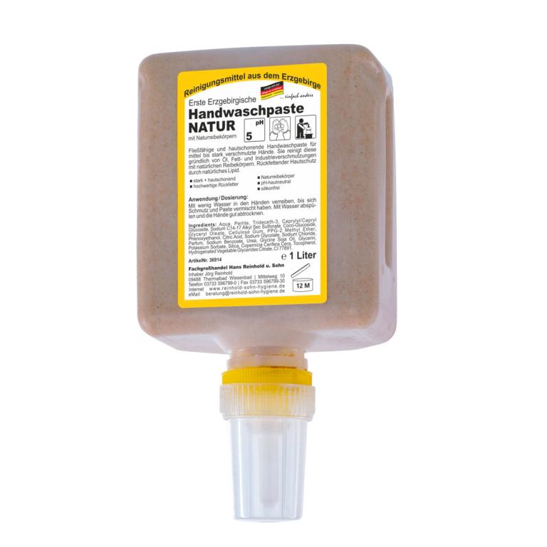 Image Erste Erzgebirgische Handwaschpaste NATUR |  1-Liter-Patrone mit Naturreibekörpern, passend für Spender ||70334|| (manuell) und ||70485|| (berührungslos)