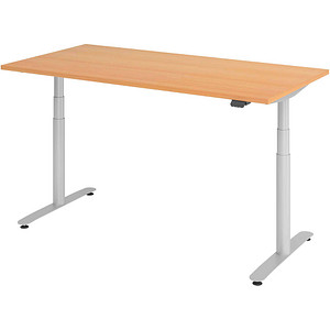 Image HAMMERBACHER VXDLR16 elektrisch höhenverstellbarer Schreibtisch buche rechteckig, T-Fuß-Gestell silber 160,0 x 80,0 cm