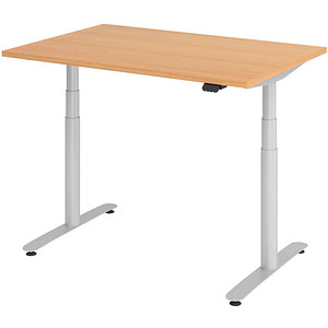Image HAMMERBACHER VXDLR12 elektrisch höhenverstellbarer Schreibtisch buche rechteckig, T-Fuß-Gestell silber 120,0 x 80,0 cm
