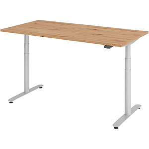 Image HAMMERBACHER VXDLR16 elektrisch höhenverstellbarer Schreibtisch asteiche rechteckig, T-Fuß-Gestell silber 160,0 x 80,0 cm