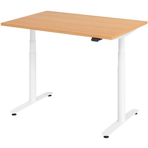 Image HAMMERBACHER VXDLR12 elektrisch höhenverstellbarer Schreibtisch buche rechteckig, T-Fuß-Gestell weiß 120,0 x 80,0 cm