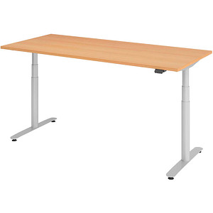 Image HAMMERBACHER VXDLR19 elektrisch höhenverstellbarer Schreibtisch buche rechteckig, T-Fuß-Gestell silber 180,0 x 80,0 cm