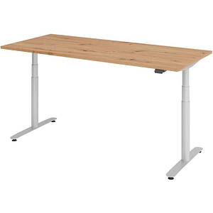 Image HAMMERBACHER VXDLR19 elektrisch höhenverstellbarer Schreibtisch asteiche rechteckig, T-Fuß-Gestell silber 180,0 x 80,0 cm