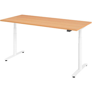 Image HAMMERBACHER VXDLR19 elektrisch höhenverstellbarer Schreibtisch buche rechteckig, T-Fuß-Gestell weiß 180,0 x 80,0 cm