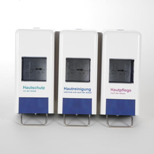 Image 3er-System-Spender "Trispender" geschlossen für 1000/2000 ml Softflaschen/Faltflaschen, 1 x Hautschutz-, 1 x Hautreinigungs- 1 x Hautpflegemittel