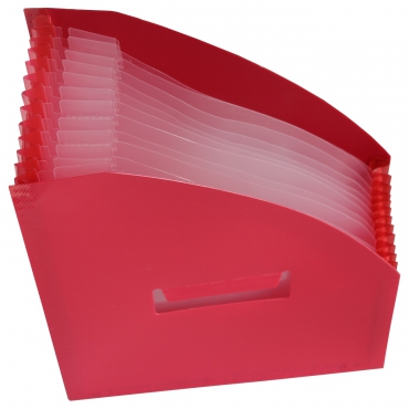 Image EXXO by HFP Fächer-Stehsammler / Fächertasche / Aktentasche, passend für A4 Unterlagen, 12 Fächer, aus PP, dehnbar bis 30 cm, mit Klarsicht-Taben und Tragegriff, Farbe: transparent rot – 1 Stück