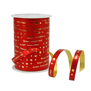 Image PRÄSENT Geschenkband Merry Christmas matt rot/gold 10,0 mm x 100,0 m