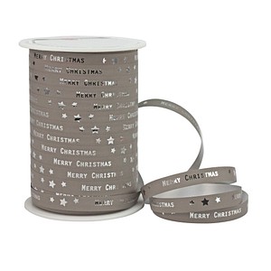 Image PRÄSENT Geschenkband Merry Christmas matt grau/silber 10,0 mm x 100,0 m