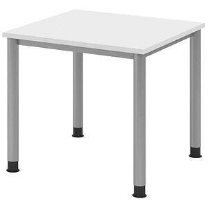 Image HAMMERBACHER HS08 höhenverstellbarer Schreibtisch weiß quadratisch 4-Fuß-Gestell silber 80,0 x 80,0 cm