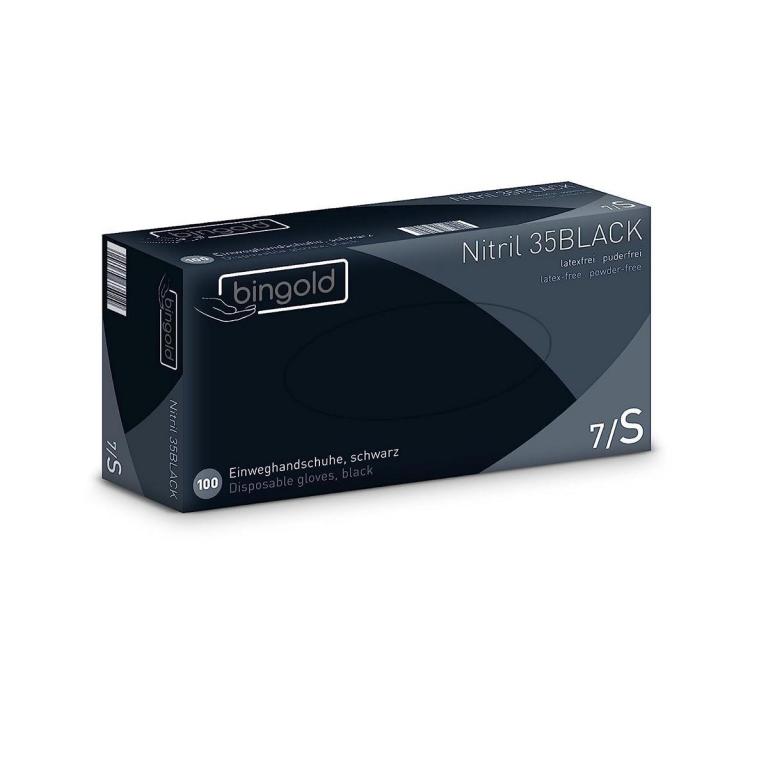 Image Einweghandschuhe Nitril puderfrei, schwarz "BINGOLD Nitril 35Black", 100 Stück/Box | Größe S unsteril, AQL 1,5, PSA-Kat.  III, Medizinprodukt Klasse 1, ehemals "BINGOLD Nitril 35"