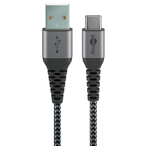 Image WENTRONIC Goobay USB-C auf USB-A Textilkabel mit Metallsteckern space grau/silb