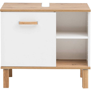 Image MÖBELPARTNER Waschbeckenunterschrank Padua weiß glanz, eiche landhaus 65,2 x 35,0 x 60,1 cm