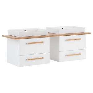 Image MÖBELPARTNER Waschbecken mit Unterschrank Duo kreideweiß, eiche landhaus 165,2 x 50,0 x 61,5 cm