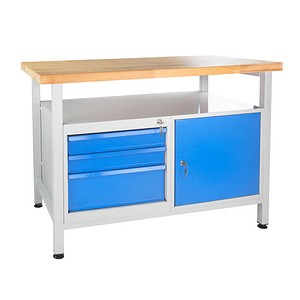 Image ADB Werkbank lichtgrau, blau 3 Schubladen 120,0 x 60,0 x 84,0 cm