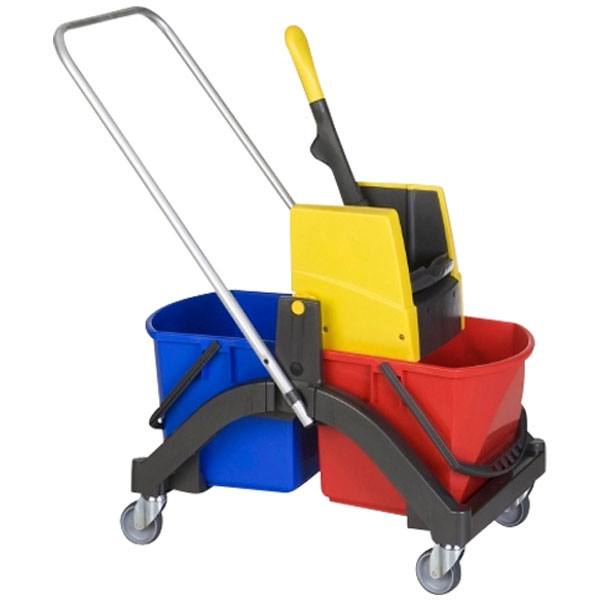 Image Reinigungswagen "Vermop Aquva" Doppelfahrwagen | 2 x 17 Liter 2 x 17 Liter Eimer (rot/blau), 1 Kunststoffpresse